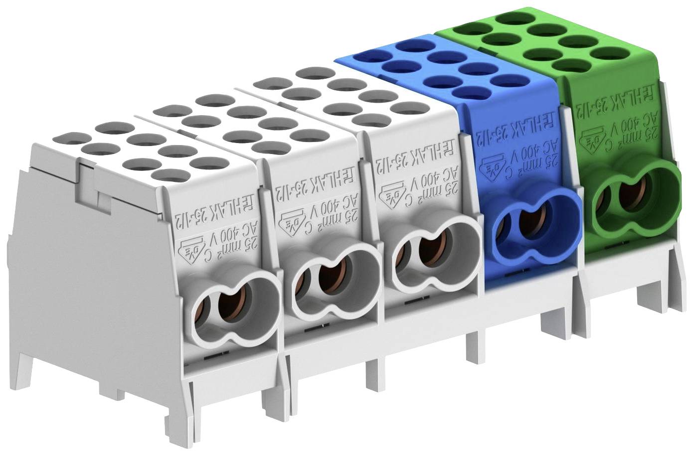 Reihenklemme in verschiedenen Farben (grau, blau, grün) mit je sechs Anschlussstellen, geeignet für Elektroinstallationen.