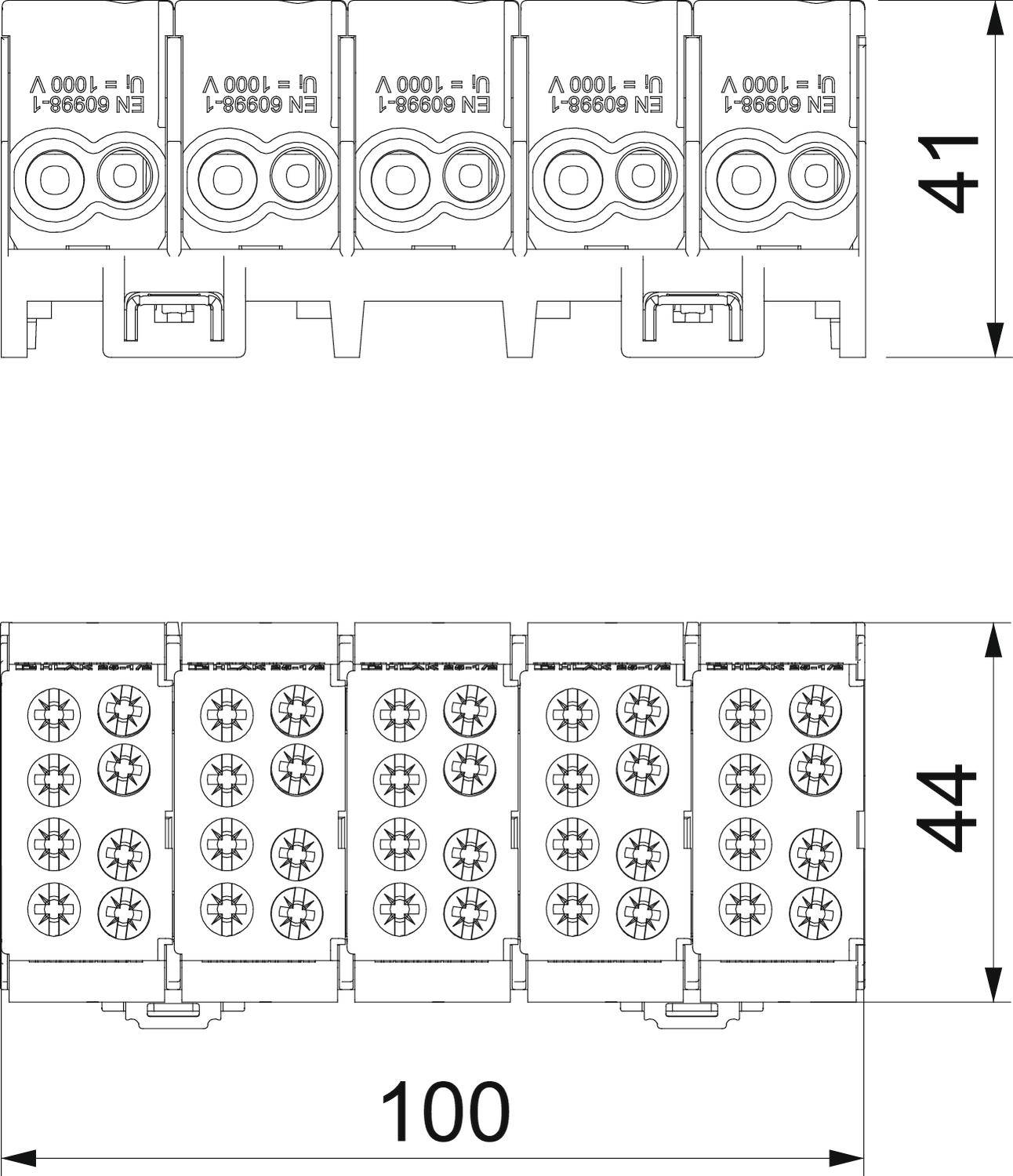 Technische Zeichnung eines elektrischen Steckverbinders. Oben und unten sind Maße verzeichnet: Breite 100 mm, Höhe oben 41 mm, unten 44 mm.