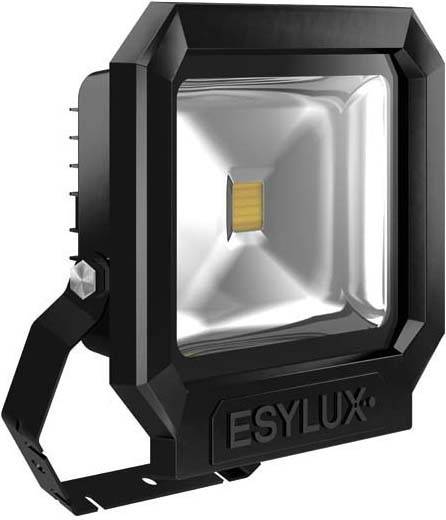 Ein schwarzer LED-Strahler mit Befestigungsbügel, geeignet für Außenbeleuchtung. Die Marke 'ESYLUX' ist auf dem Gehäuse sichtbar.