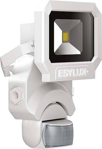 Sicherheitsleuchte mit Bewegungsmelder, marke ESYLUX, weißes Gehäuse. Quadratisches LED-Lichtfenster oben, Sensorkugel unten.