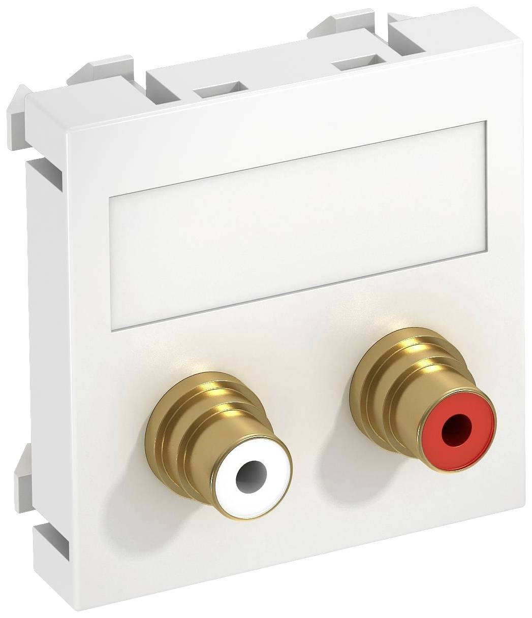 Zweifach-Keystone-Modul mit weißen und roten Cinch-Buchsen zur Audioverbindung, geeignet zur Montage in einem Patchpanel.