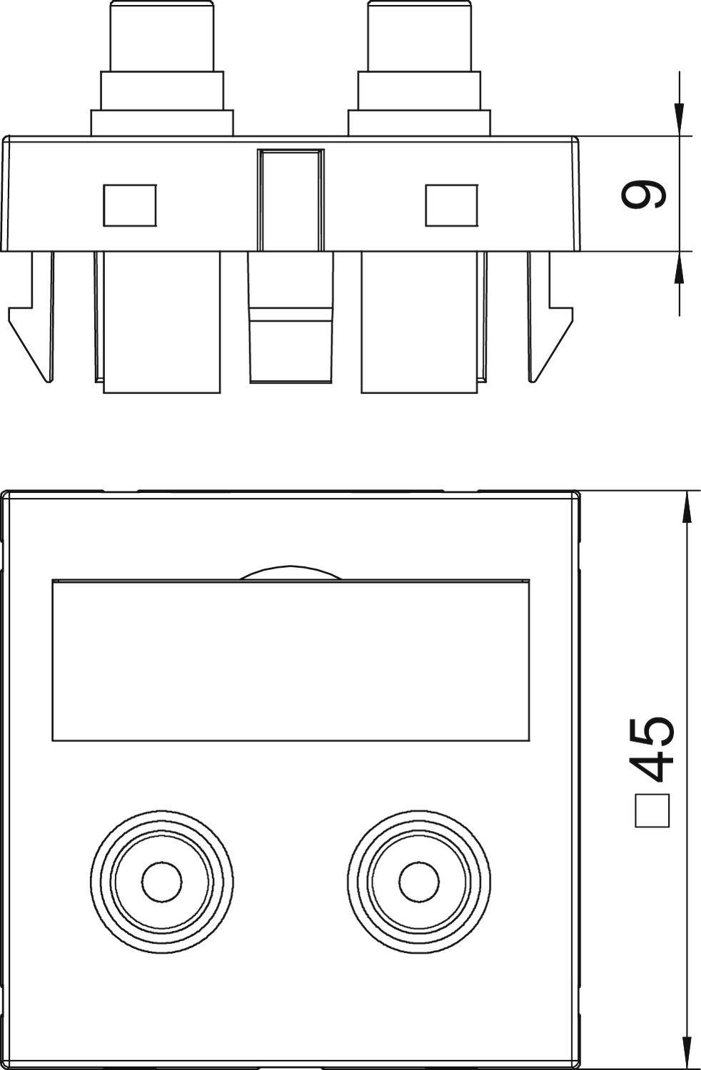 Technische Zeichnung eines Bauteils mit zwei Anschlüssen oben. Maße sind 6 und 45 mm. Anzeige eines rechteckigen Felds vorne.