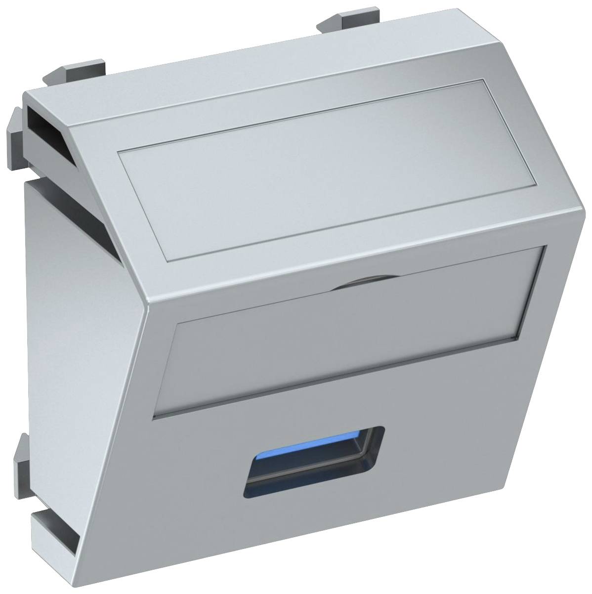 Adapter-Modul zur Aufnahme von Kabeln in Netzwerkanschlüssen, grau, mit rechteckiger Öffnung und abgewinkeltem Design.