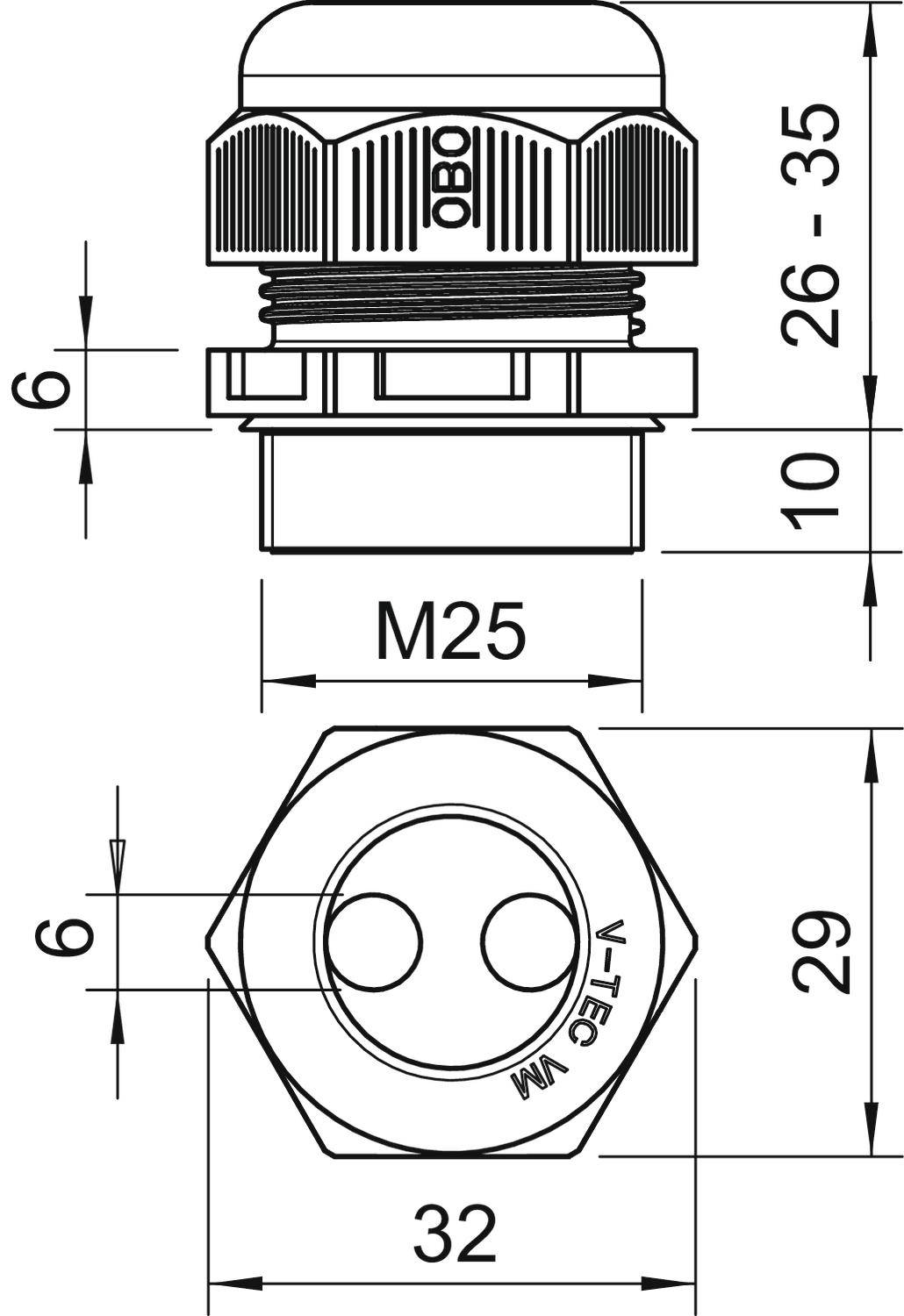Technische Zeichnung eines Kabelverschraubungsteils mit M25-Gewinde. Dimensionen: 26-35 mm Höhe, 32 mm Breite. Zeigt Details der Form und Maße.