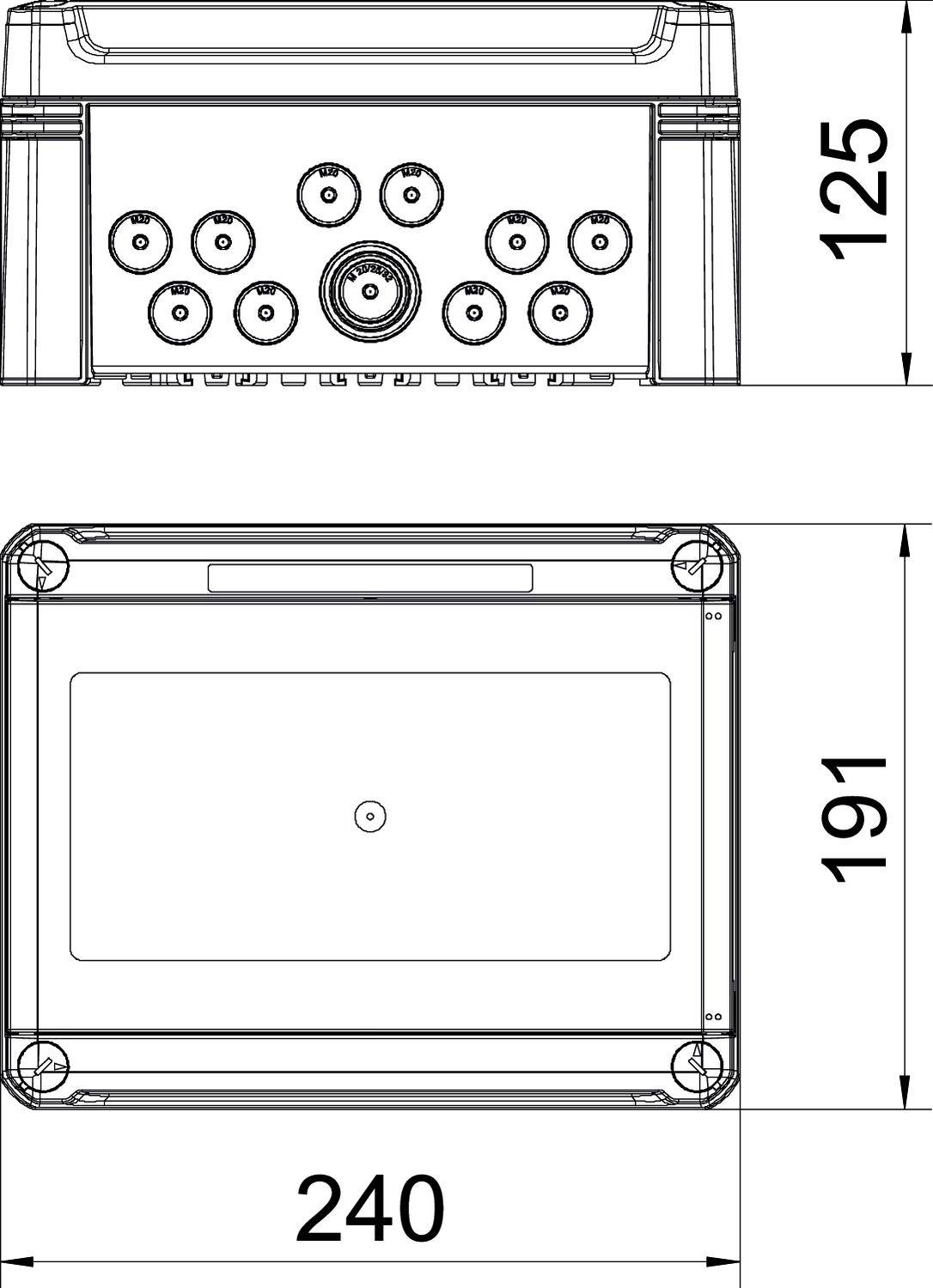 Technische Zeichnung einer rechteckigen Box mit Abmessungen: Breite 240 mm, Höhe 191 mm, Tiefe 125 mm. Oberseite mit Anschlüssen.