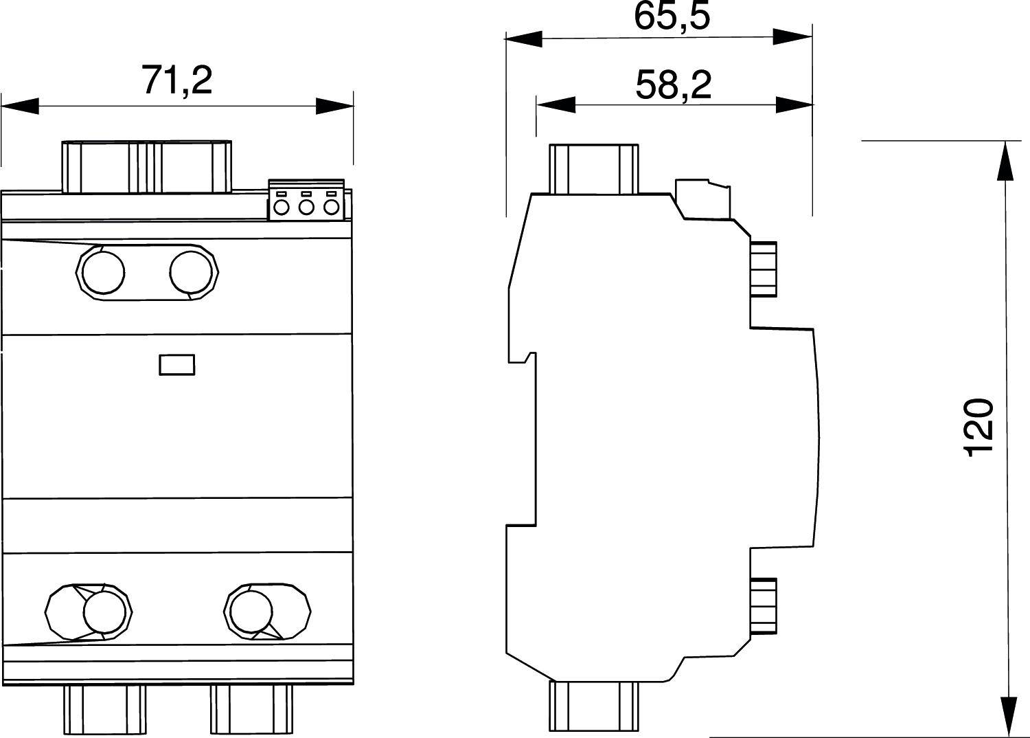 Zeichnung eines Elektroschalters mit den Maßen 71,2 mm x 120 mm x 65,5 mm und Anschlüssen oben und unten.