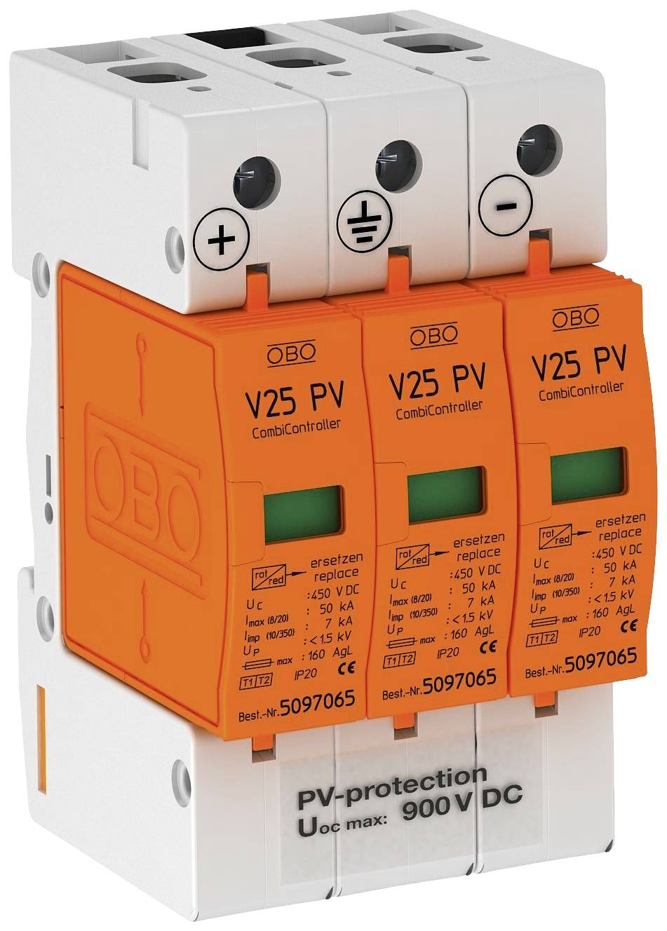 Drei OBO Ableiterschalter sind rechteckig und orange, mit der Bezeichnung 'V25 PV Combicontroller', für PV-Schutz bis 900 V DC geeignet.