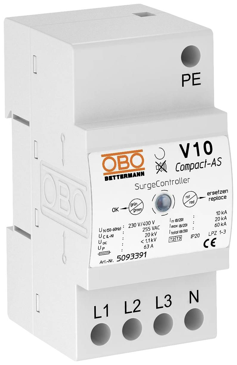 Überspannungsschutzgerät OBO V10 Compact-AS. Schutztyp und technische Details auf der Vorderseite angegeben.