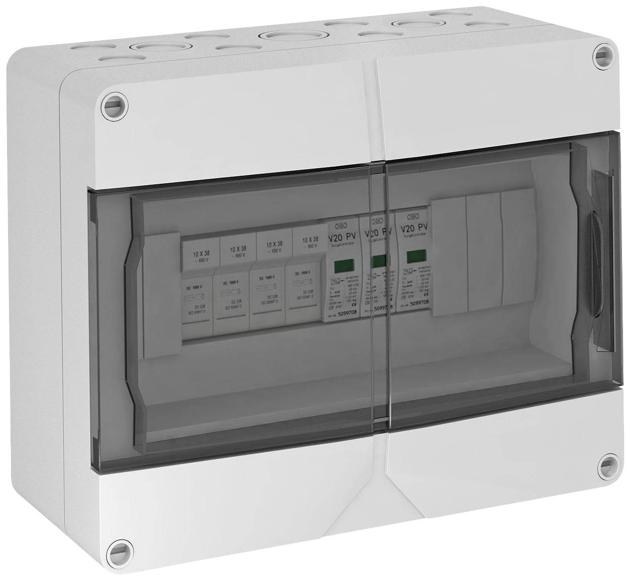 Kleiner Schaltschrank mit durchsichtiger Abdeckung, innen mehrere Sicherungen und Schalter sichtbar.