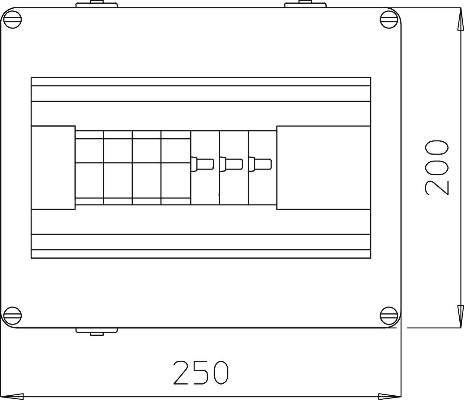 Technische Zeichnung eines rechteckigen Schaltkastens mit den Maßen 250 mm x 200 mm, zeigt die Frontansicht mit Schaltleisten.