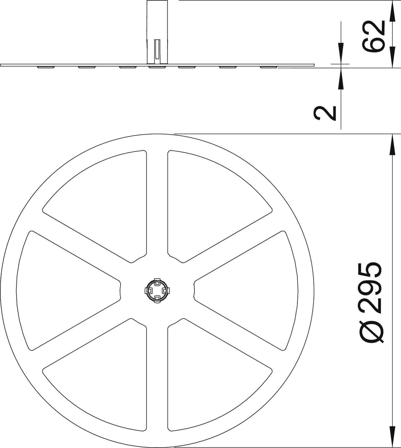 Technische Zeichnung eines runden Lüftungsgitters mit einem Durchmesser von 295 mm und einer Höhe von 62 mm, Querschnitt und Draufsicht.