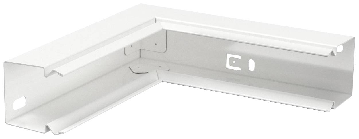 Ein weißes, rechteckiges Metallstück mit L-förmigem Design. Es scheint ein strukturelles oder montierbares Bauteil zu sein.