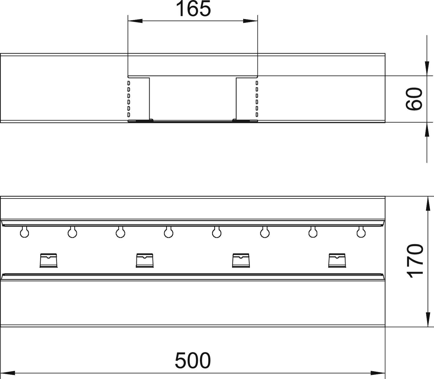 Technische Zeichnung eines rechteckigen Teils mit Maßen: 165 und 500 mm in der Breite, 60 und 170 mm in der Höhe. Ansicht von vorne und oben.