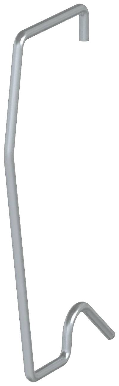 Ein silberfarbener, gebogener Metallstab mit zwei Haken, verwendet als Aufhänger oder Halter für leichte Gegenstände.