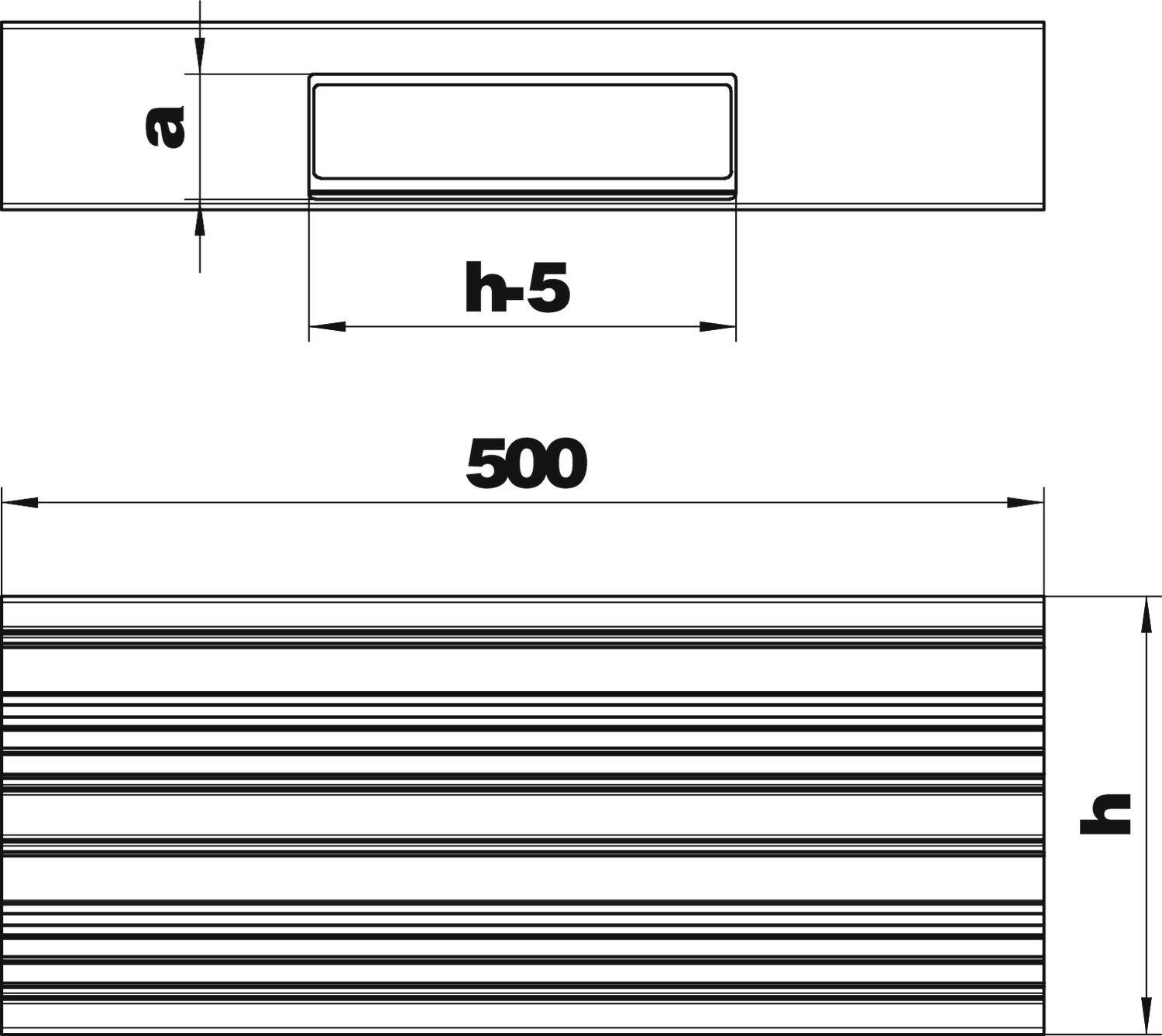 Technische Zeichnung eines rechteckigen Objekts mit den Abmessungen 500 Einheiten in Breite und Höhe 'h'. Oben links Markierung 'a'.