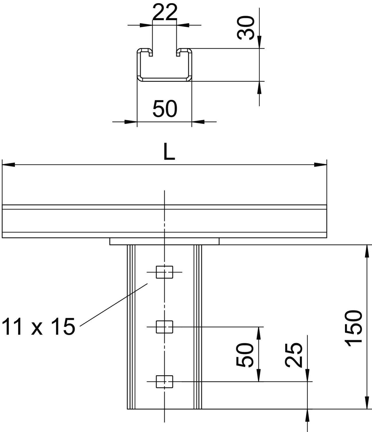 Technische Zeichnung eines Stahlprofils mit Maßen: Breite 50mm, Höhe 30mm, Ausschnitt 22mm. Darstellung mit Beschriftungen und Maßen.