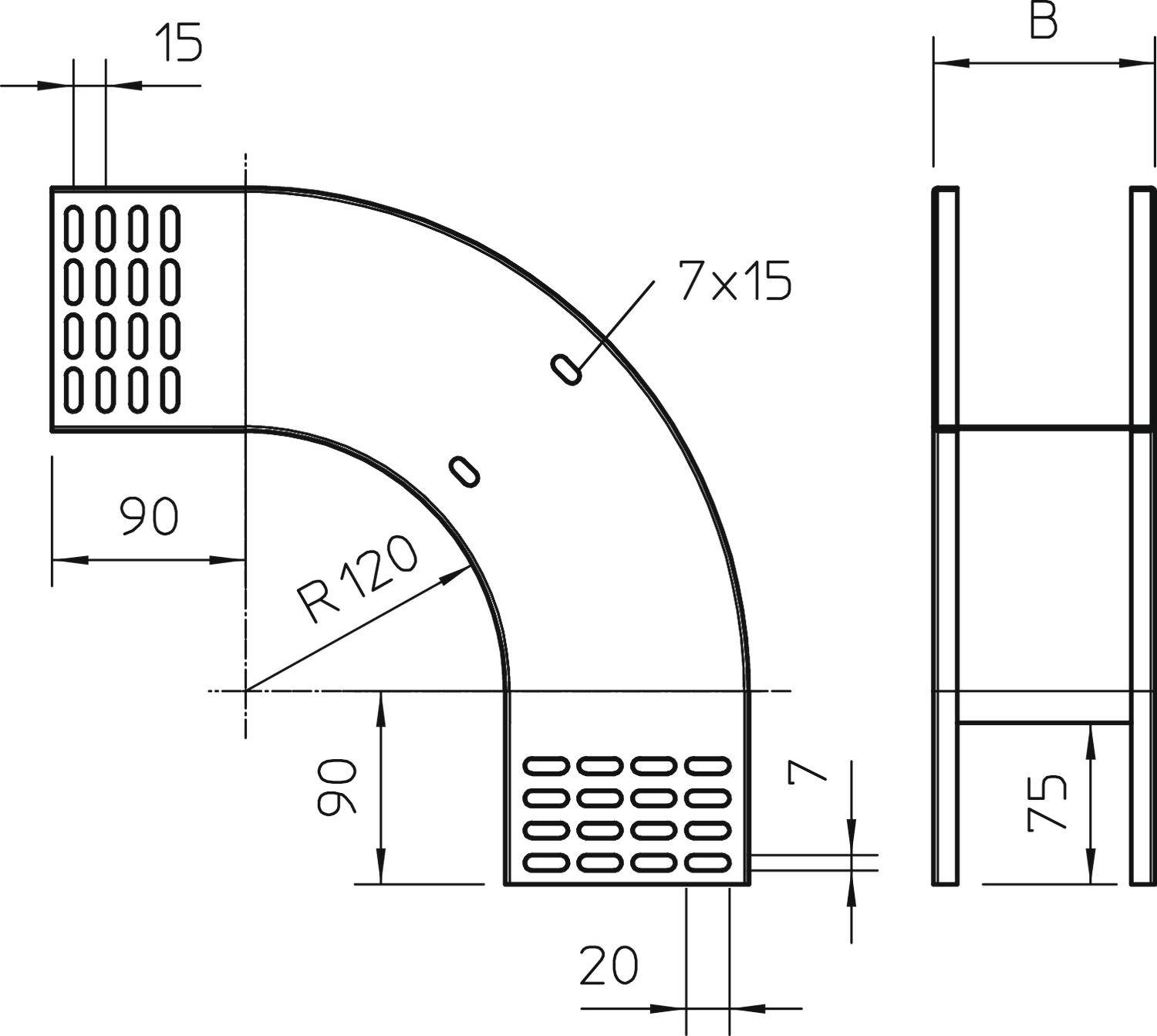 Technische Zeichnung eines L-förmigen Belüftungsteils mit Bemaßungen: Radius R120, mehrere rechteckige Öffnungen, Breitenangaben 15, 90.