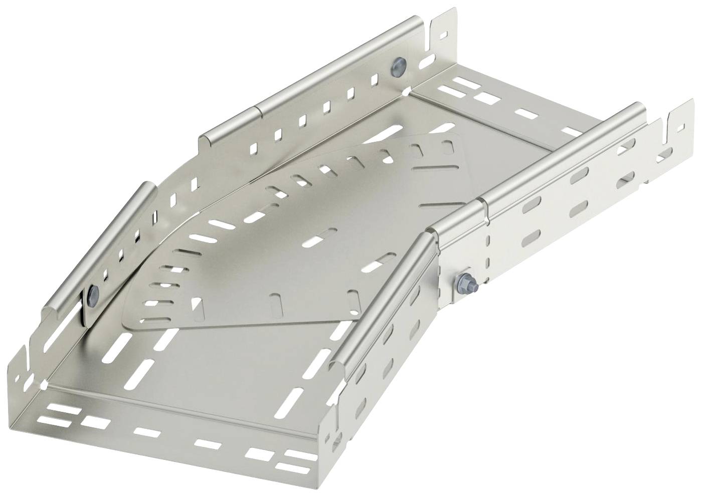Metallisches T-Stück zur Kabelverlegung, bestehend aus drei verbundenen Kanälen und Schlitzen zur Belüftung und Befestigung.