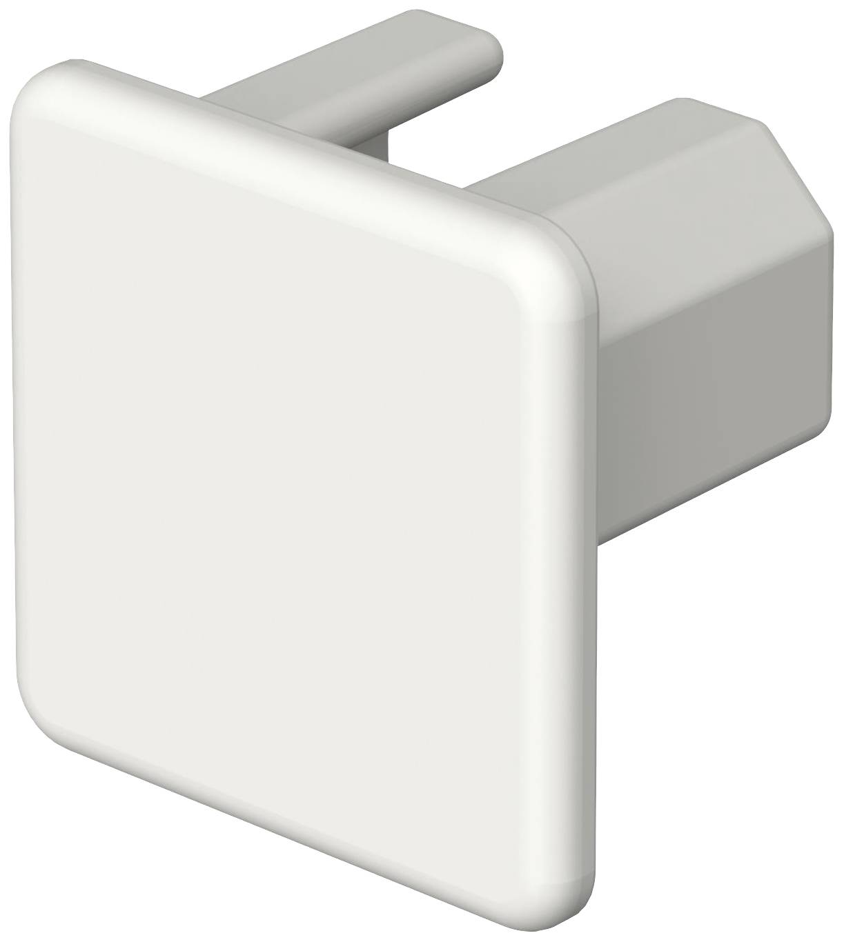 Weiße, quadratische Steckdosenschutzkappe aus Kunststoff, mit zwei kurzen Stiften zur Sicherung ungenutzter Steckdosen in Haushalten.