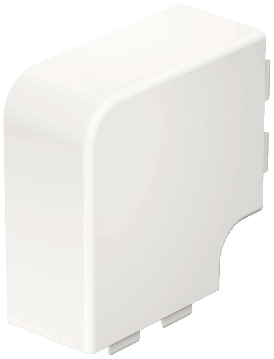 Ein weißes, abgerundetes Kunststoffgehäuse, vermutlich Teil eines modularen Systems für elektronische Geräte, auf weißem Hintergrund.