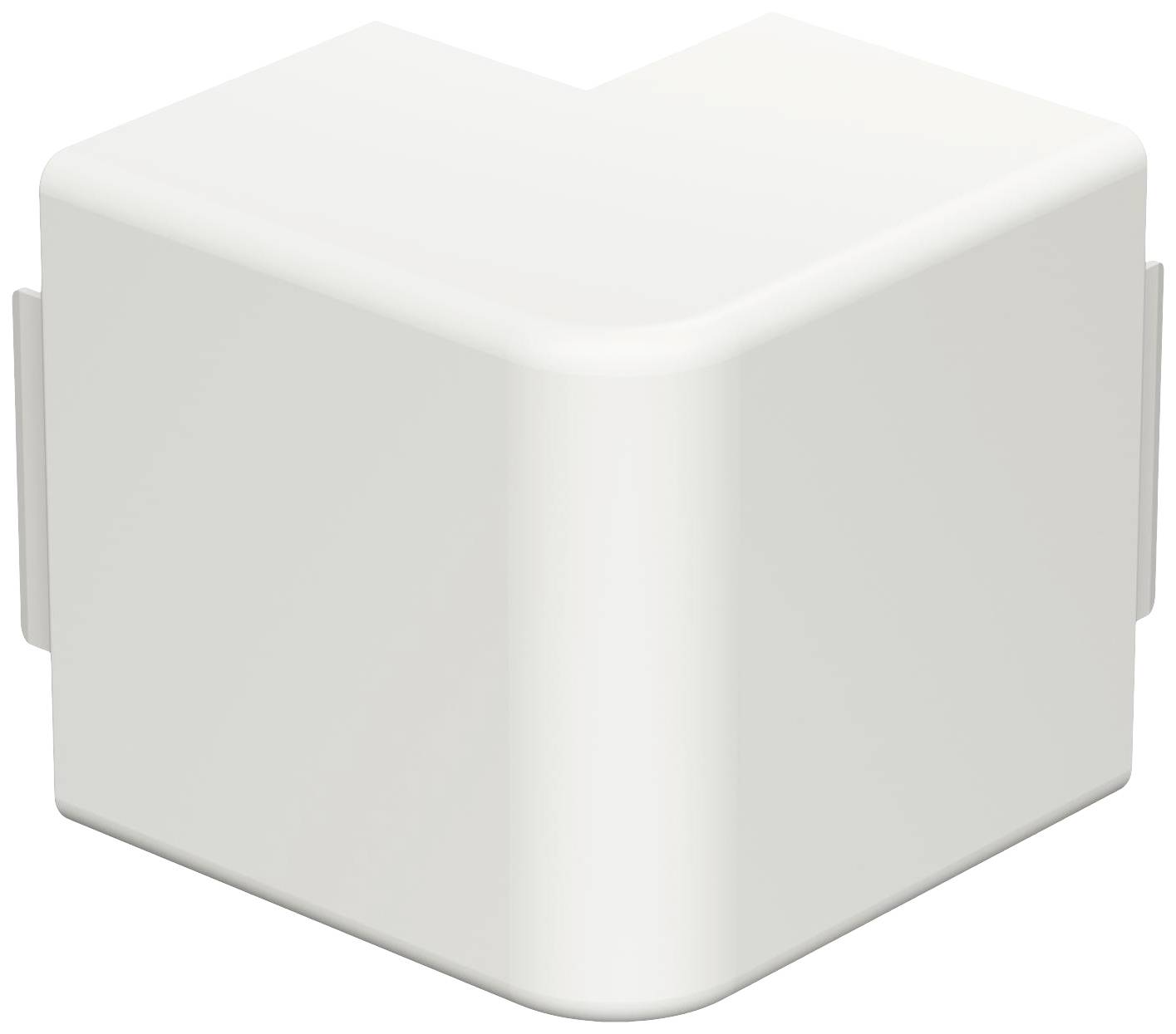 Weiße, rechtwinklige Kunststoffabdeckung; vermutlich Teil eines Kabelmanagementsystems für Ecken.