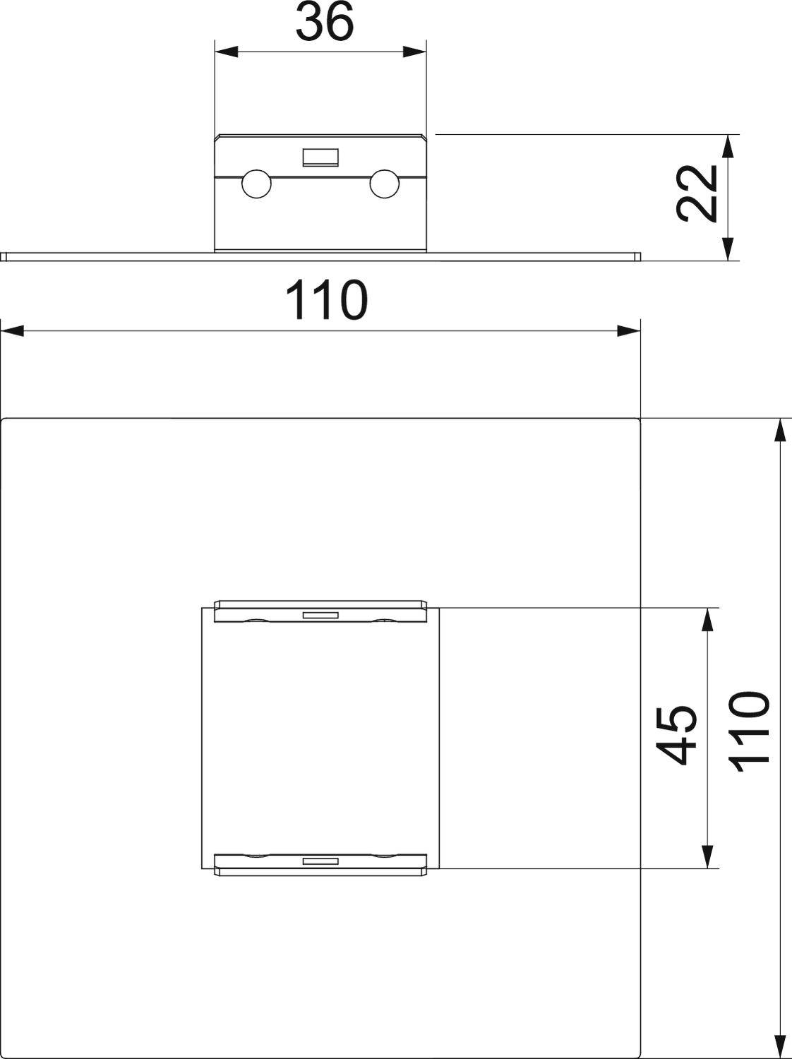 Technische Zeichnung eines quadratischen elektrischen Schalters, Maße: 110x110 mm. Zeigt Schalteranordnung und Detaillierungsgrade.