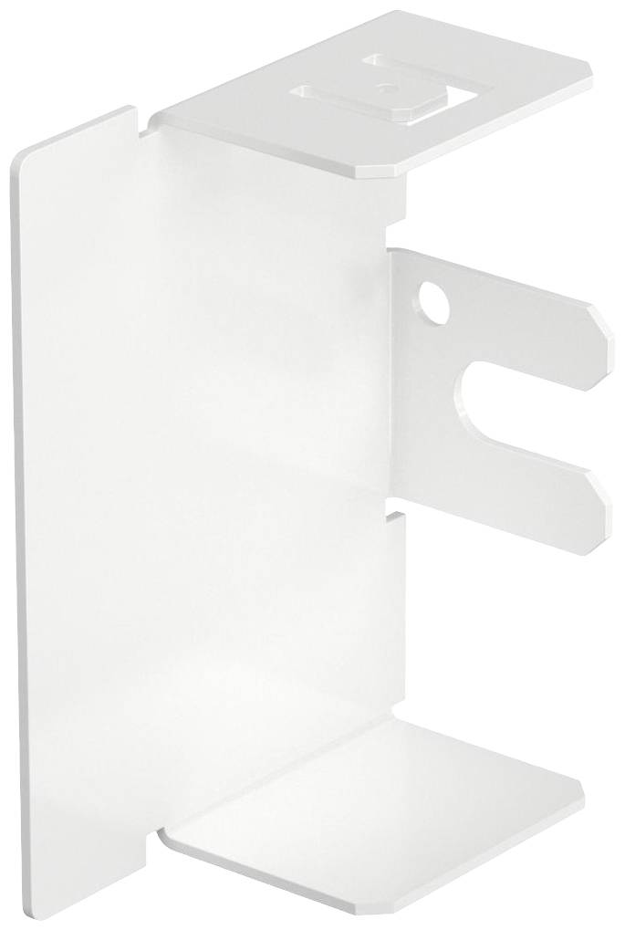 Halterung aus weißem Metall mit mehreren Befestigungsmöglichkeiten, geeignet für die Montage an Wänden oder anderen Oberflächen.