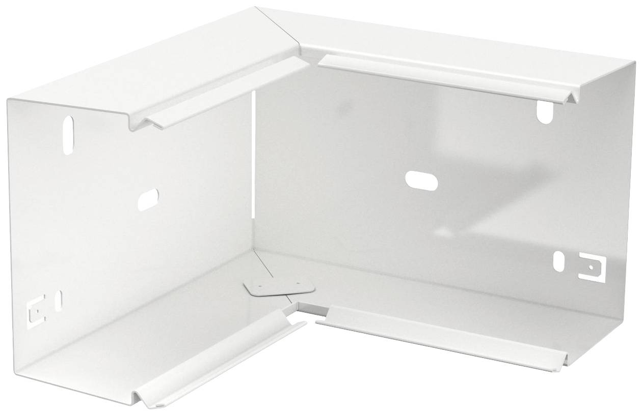 Metallwinkelhalterung mit mehreren Befestigungslöchern und einer weißen Beschichtung, geeignet für Regal- oder Möbelkonstruktionen.