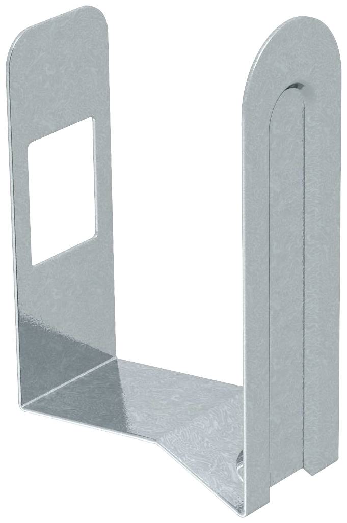 Metallclip zur Befestigung von Bauteilen, mit rechteckiger Öffnung auf einem der Seitenflügeln.