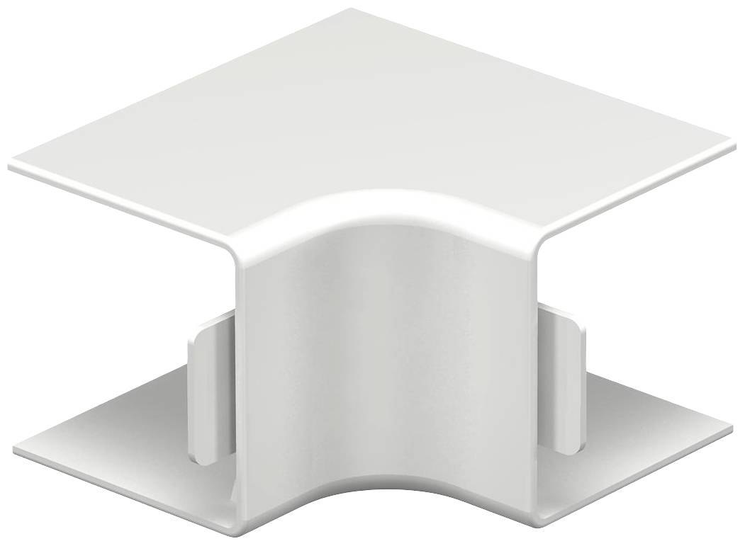 Ein weißer, quadratischer Kunststoff-Eckverbinder mit gleichmäßig gebogenen Kanten, geeignet für die Verbindung von zwei Platten im rechten Winkel.