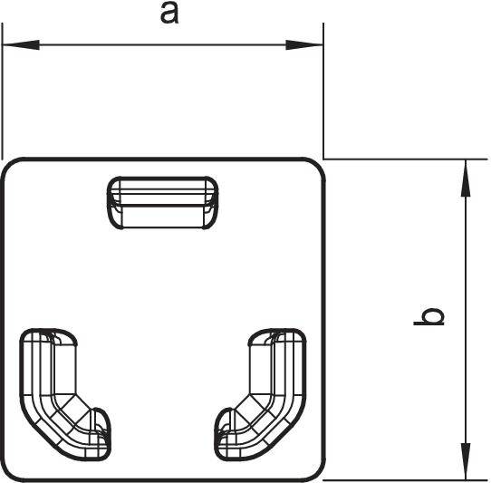Technische Zeichnung eines Bauteils mit zwei runden Aussparungen und Längenangaben 'a' und 'b' an den Seiten.