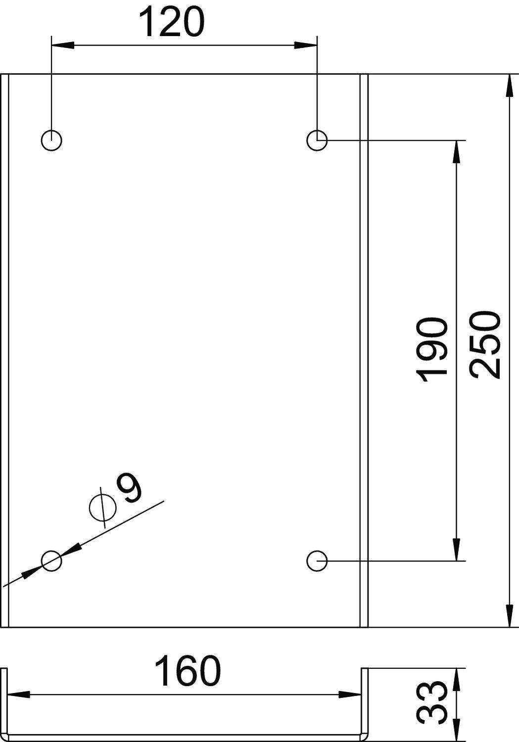 Technische Zeichnung eines rechteckigen Objekts mit Maßen: 120x250 mm. Bohrungen mit Ø9 mm, 190 mm Abstand von oben, 160 mm Breite unten.