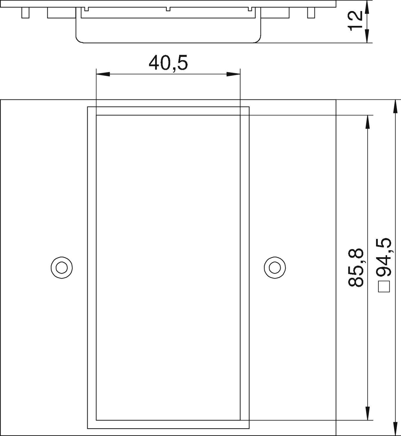 Technische Zeichnung einer rechteckigen Halterung mit Maßen: Breite 40,5 mm, Höhe 85,8 mm und 94,5 mm. Höhe der Seitenansicht 12 mm.