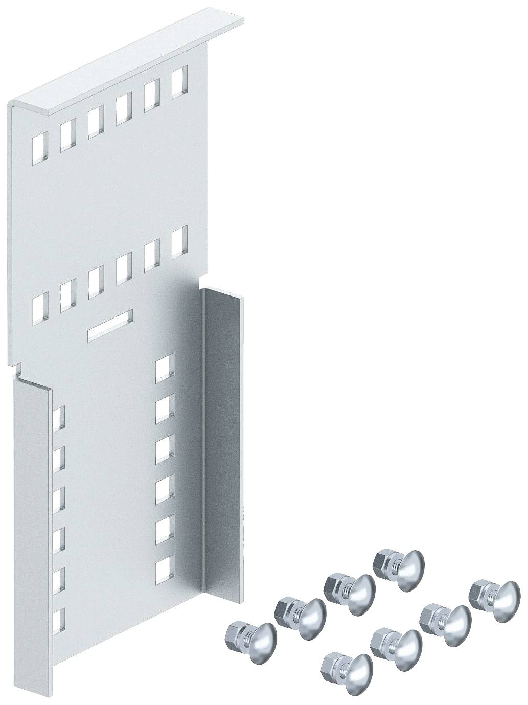 Silberne Befestigungsschiene mit neun separaten Befestigungselementen. Geeignet für die Befestigung von elektronischen Bauteilen.