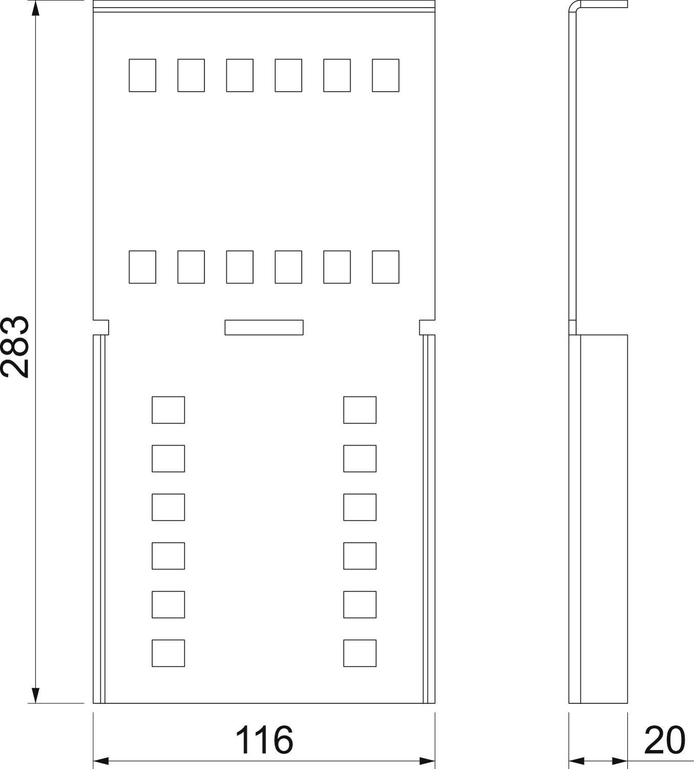 Technische Zeichnung eines rechteckigen Bauteils mit Maßen: 283 mm Höhe, 116 mm Breite und 20 mm Tiefe, zeigt diverse Aussparungen.
