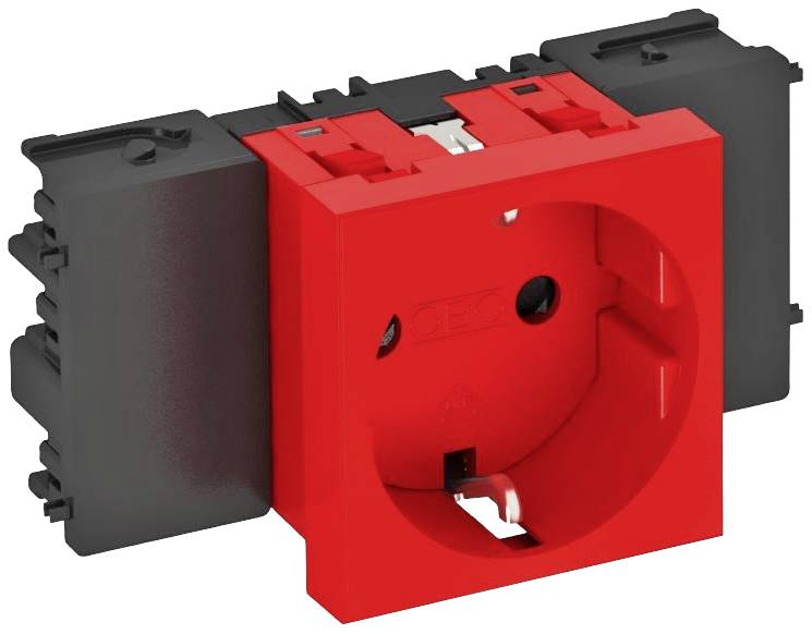 Rote Steckdose mit schwarzem Gehäuse, geeignet für industrielle Anwendungen und spezielle Elektronikinstallationen.