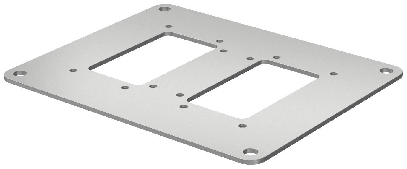 Metallplatte mit zwei rechteckigen Ausschnitten und mehreren Schraublöchern, verwendet für mechanische Befestigungen oder Halterungen.