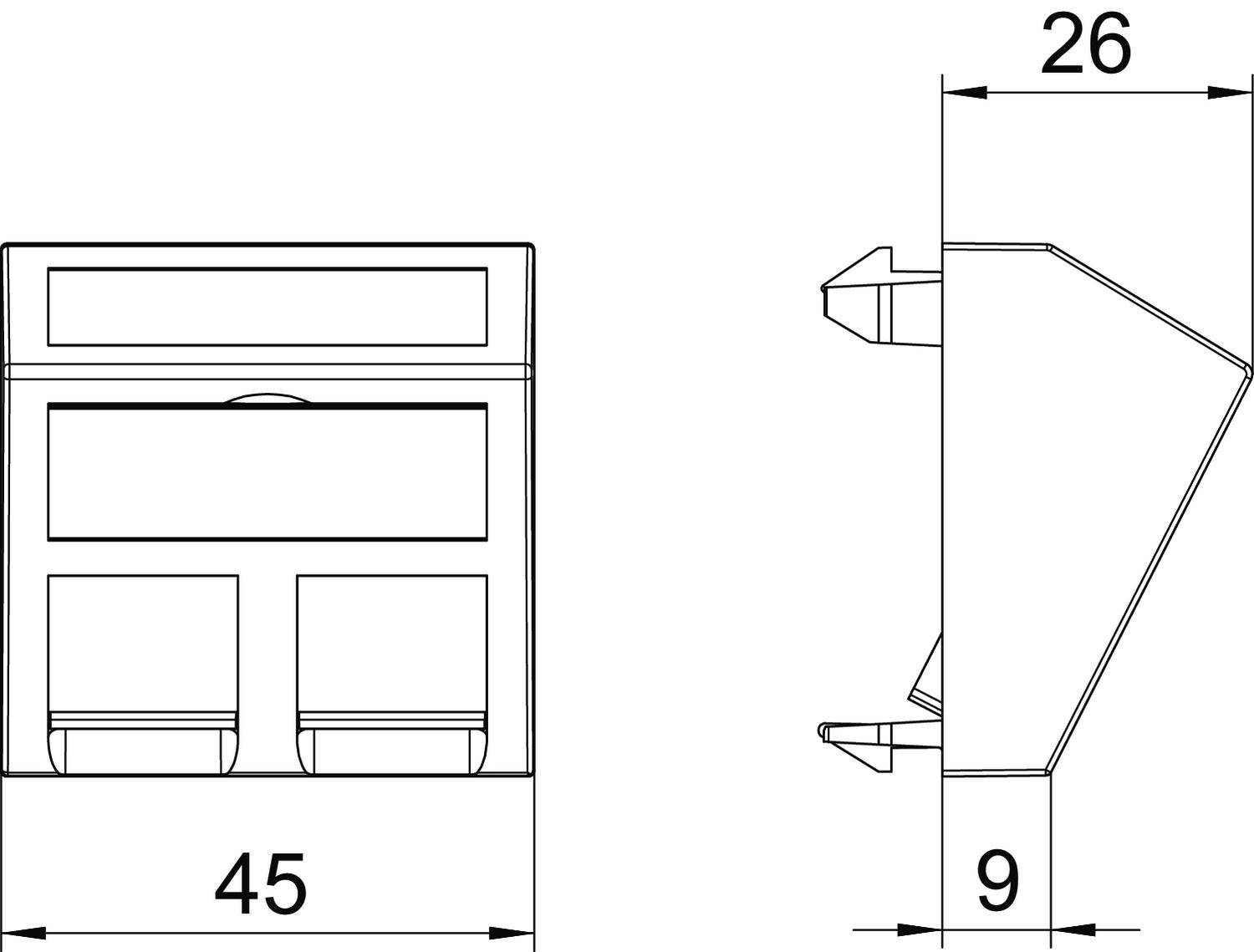 Technische Zeichnung eines elektronischen Bauteils mit Abmessungen: Breite 45 mm, Tiefe 26 mm, Höhe 9 mm. Seiten- und Vorderansicht gezeigt.