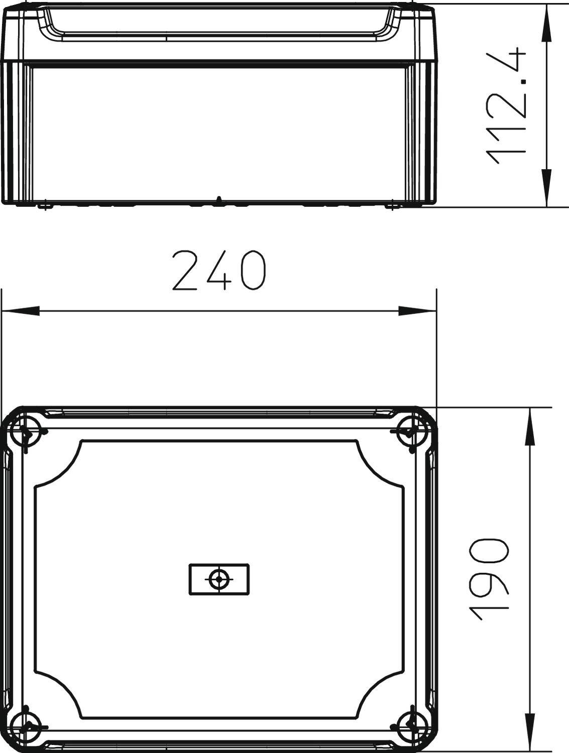 Technische Zeichnung eines rechteckigen Gehäuses mit den Maßen 240 mm x 190 mm x 112,4 mm. Oben und seitliche Ansichten sind gezeigt.