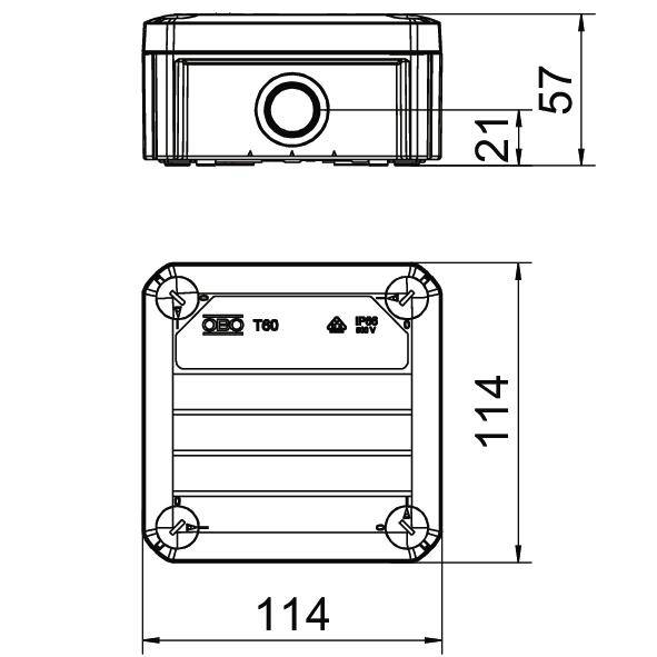 Technische Zeichnung eines rechteckigen Geräts mit Abmessungen: 114 mm Breite, 114 mm Höhe, 57 mm Tiefe, mit zentraler Öffnung.