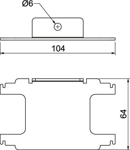Technische Zeichnung eines rechteckigen Bauteils mit Maßen: Breite 104 mm, Höhe 64 mm, Bohrung Durchmesser 6 mm oben mittig.
