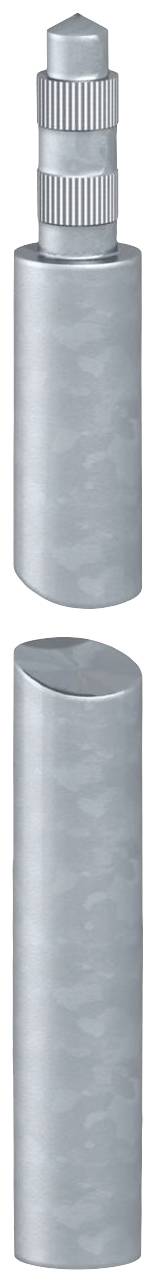 Zwei silbergraue zylindrische Objekte übereinander, wobei das obere ein detailliertes ovaluähnliches Design hat; technische Bauteile.