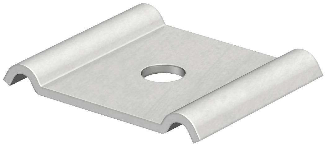Metallplatte mit einem zentralen Rundloch und leicht erhobenen Rändern, wahrscheinlich ein Befestigungselement oder eine Unterlegscheibe.