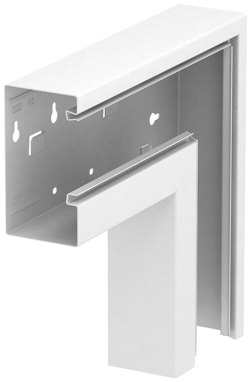 Ein weißer Metallwinkel mit mehreren Löchern und Schlitzen, geeignet zur Befestigung an einer Wand oder einem Rahmen.