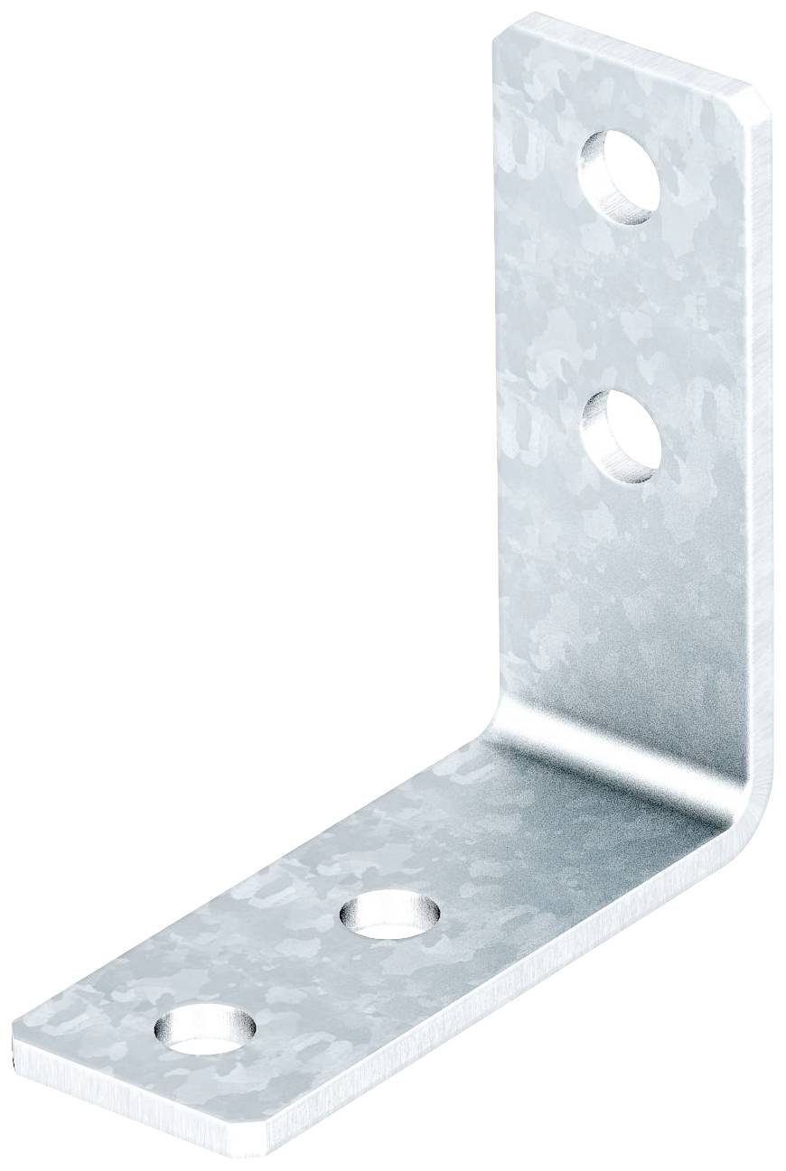 Metallwinkel in L-Form mit vier Schraublöchern, zwei auf jeder Seite, für Montagezwecke.