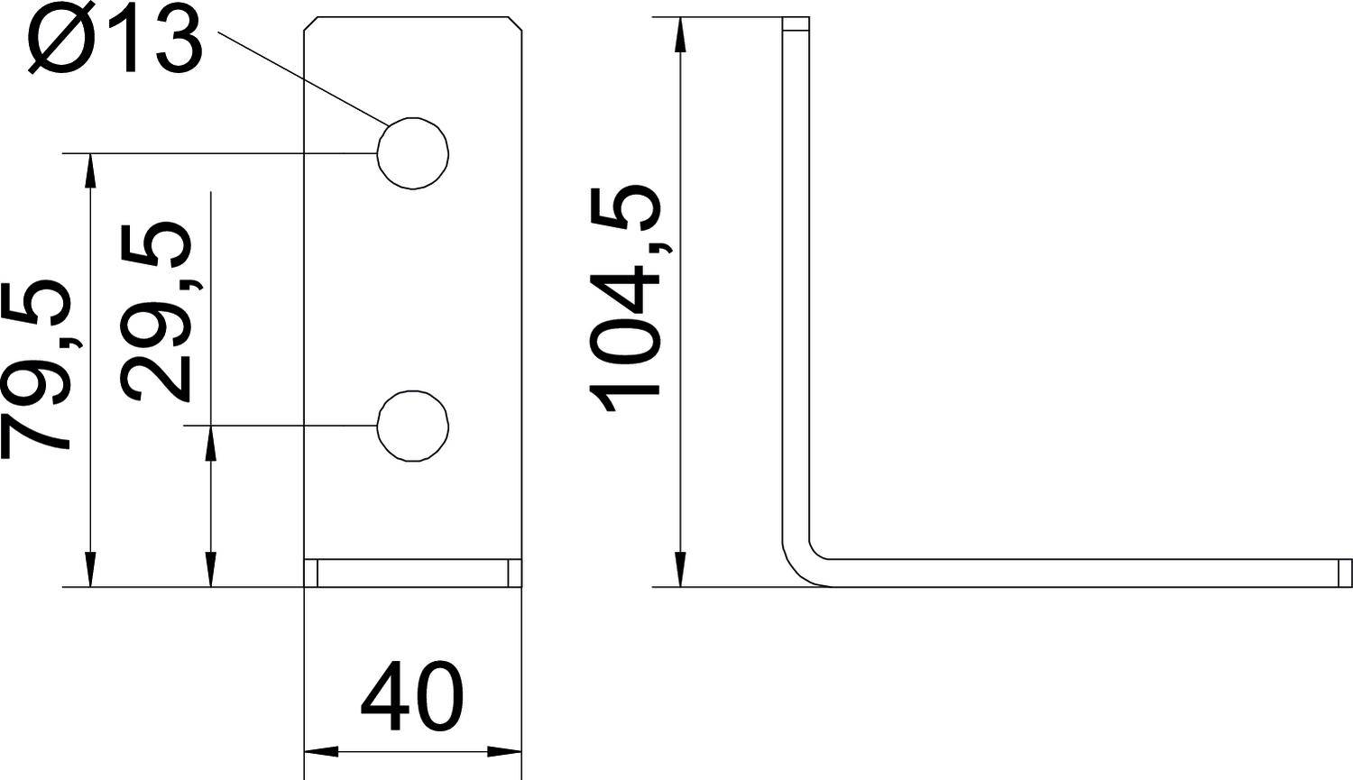 Technische Zeichnung eines L-förmigen Metallwinkels mit Abmessungen: Höhe 104,5 mm, Breite 40 mm, Lochdurchmesser 13 mm, Lochpositionen bei 29,5 mm und 79,5 mm.