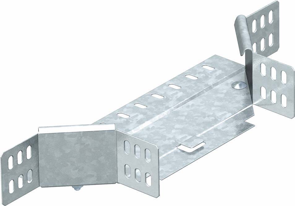 Metallverbindungsstück mit perforierten Flügeln an beiden Seiten, vermutlich für Befestigungszwecke in Konstruktionen verwendet.