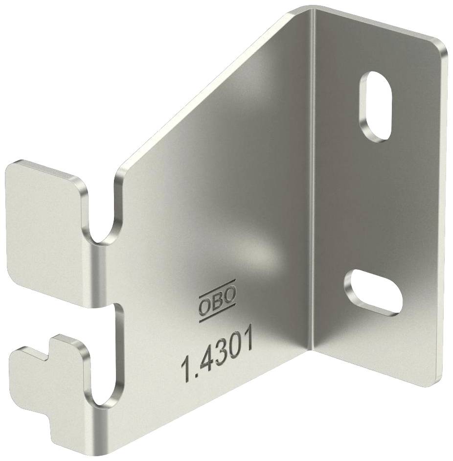 Metallischer Haltewinkel aus Edelstahl mit der Aufschrift 'OBO 1.4301', zwei Befestigungslöchern und zwei Haken auf vertikaler Fläche.