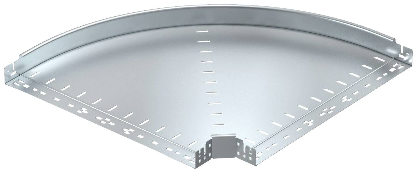 Ein silbernes, gebogenes Metallstück mit Schlitzen und Löchern, vermutlich ein Verbindungselement oder Teil in einem technischen System.