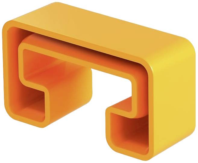 Ein abstraktes, orangefarbenes 3D-Objekt mit geschwungenen, rechteckigen Formen, das an ein stilisiertes Möbelstück erinnert.